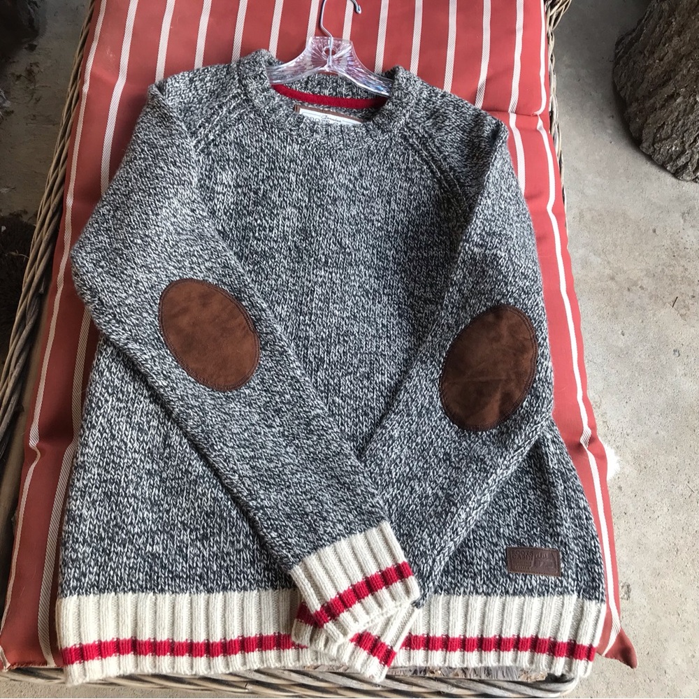 Roots Gray Crewneck Sweater with Brown Elbow Patches